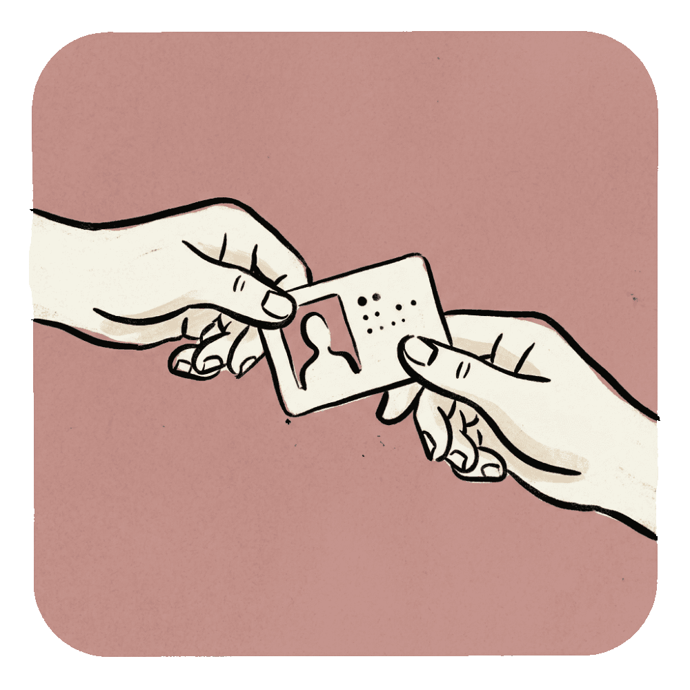 Illustration of hands exchanging a profile card — representing mutual respect and reciprocity